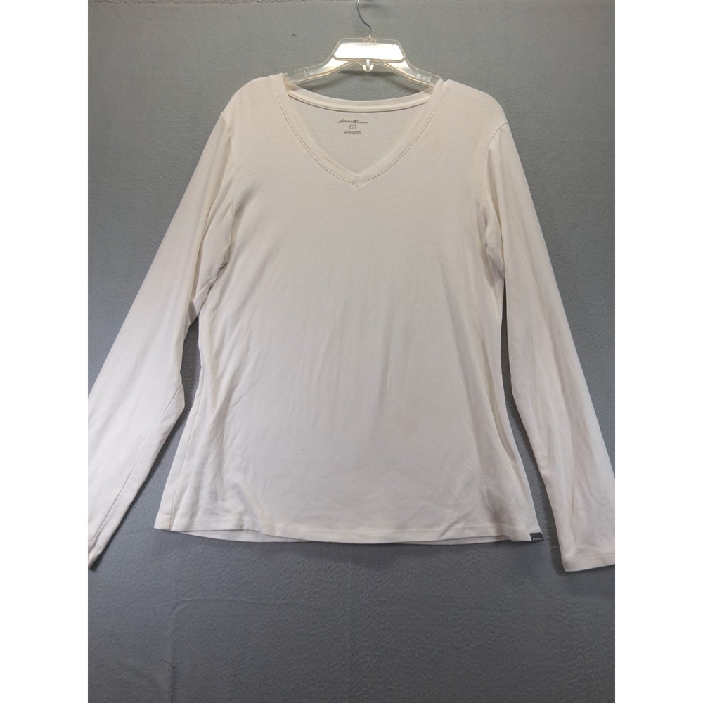Eddie Bauer Womens White Long Sleeve V-Neck T-Shirt Size L Basic Layering Tee